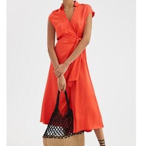 Anthropologie Maeve Open Back Wrap Midi Dress Size XS Orange Flowy Wedding Guest